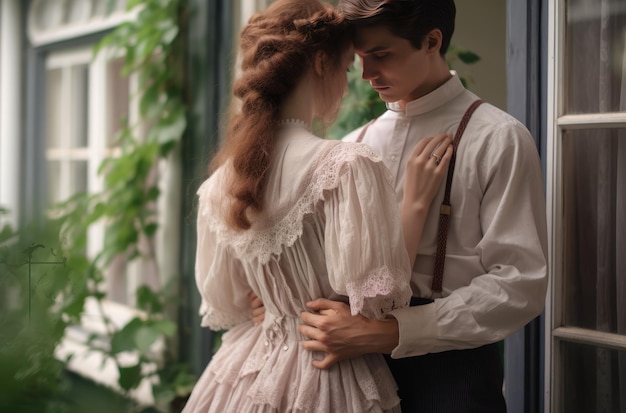 Un homme et une femme vêtus d'une robe se tiennent devant une fenêtre.