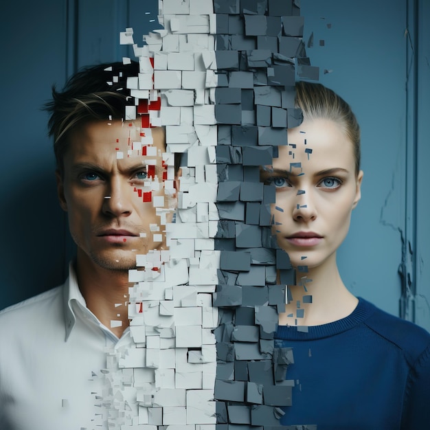 Un homme et une femme avec un visage brisé Generative AI Art