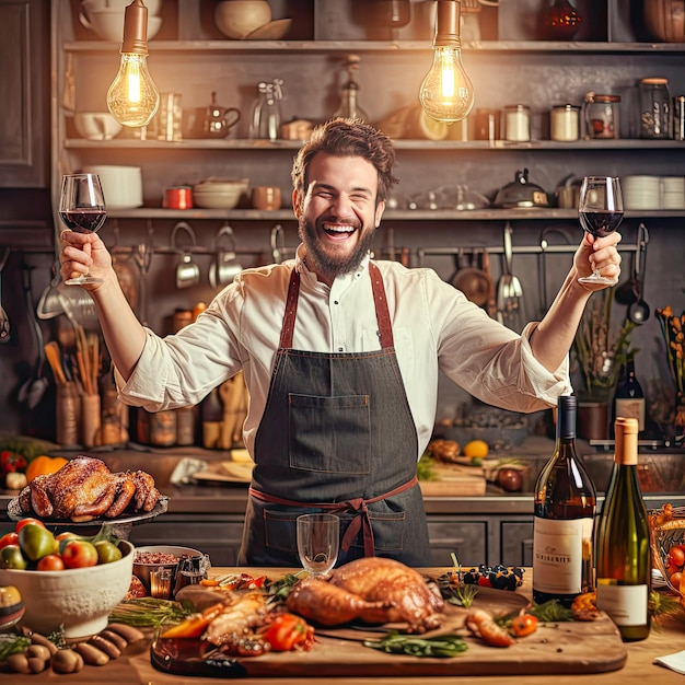 Un homme fier cuit dans la cuisine avec les mains levées.