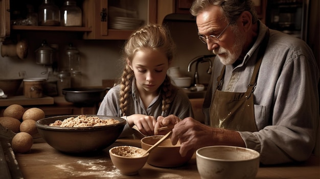 Un homme et une fille cuisinant dans une cuisine