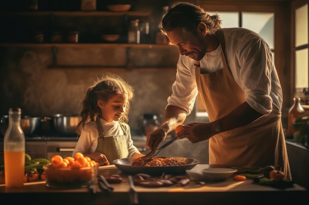 Un homme et une fille cuisinant dans une cuisine