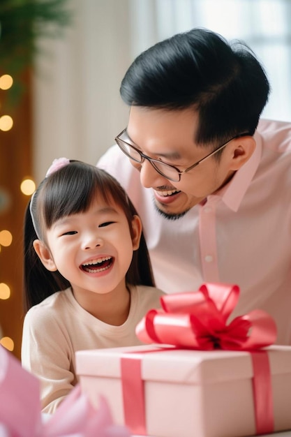 un homme et une fille donnent un cadeau à une petite fille