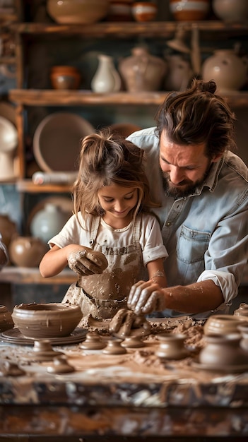 Photo un homme et une fille font de la poterie avec un homme et un enfant