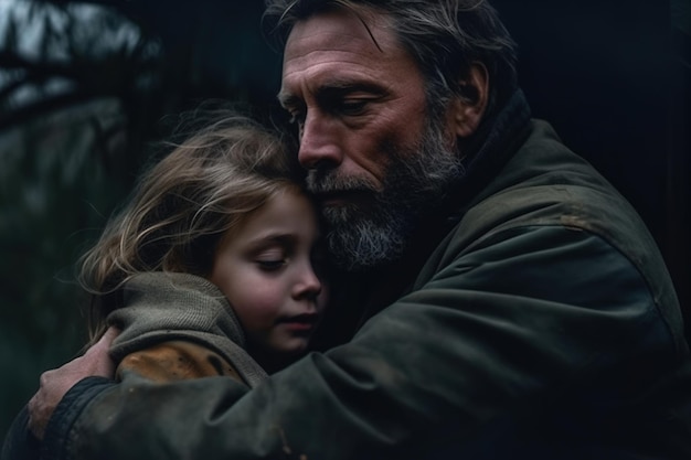 Un homme et une fille s'embrassent dans une pièce sombre.