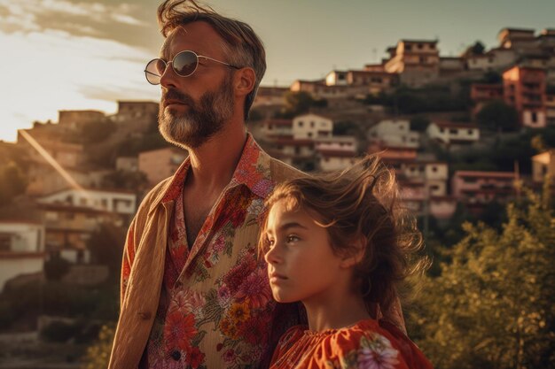 Un homme et une fille se tiennent devant un paysage avec un coucher de soleil en arrière-plan.