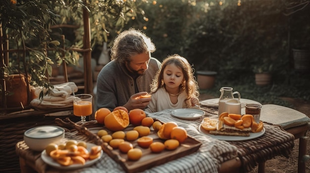 Un homme et une fille sont assis à une table avec une table pleine de fruits et une assiette d'oranges.