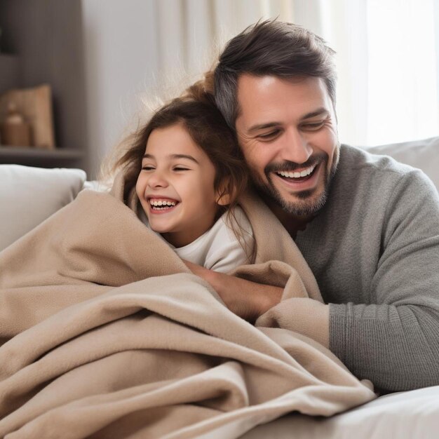 un homme et une fille sont enveloppés dans une couverture et souriants