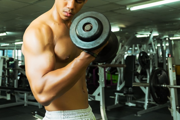 Homme de fitness en formation montrant des exercices avec des haltères en gym