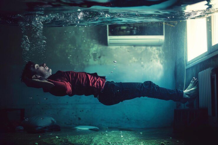 Photo un homme flottant dans la pièce un jeune homme lévitant dans la maison sous l'eau nager à la surface