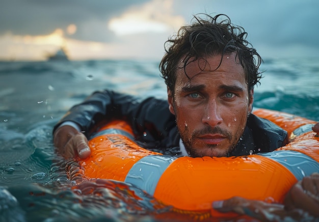 Un homme flotte dans l'océan avec un anneau de vie orange