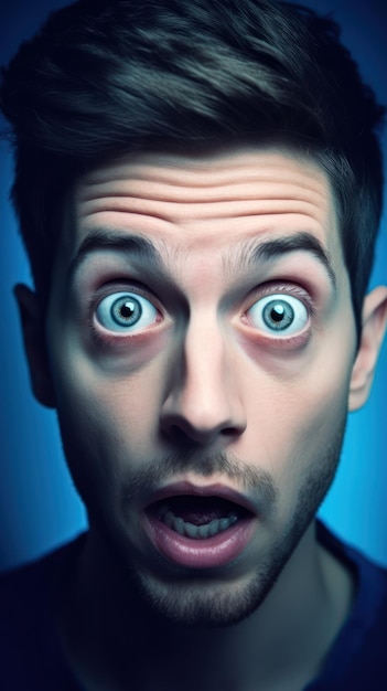 Un homme avec un fond bleu et des yeux verts regarde la caméra.