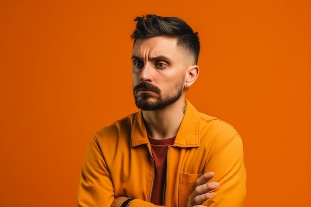 un homme sur un fond de couleur unie avec une expression de visage de peur AI générative