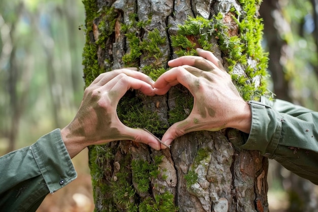 Un homme formant un cœur avec ses mains sur le tronc d'un arbre image de la journée internationale du baiser
