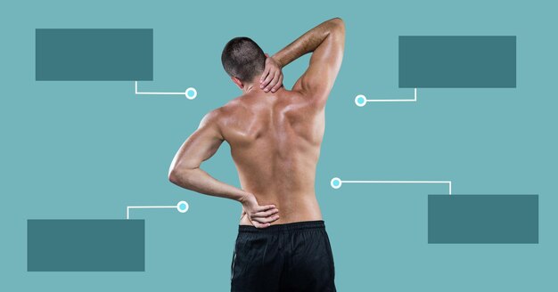 Homme en forme athlétique retenant les maux de dos avec des panneaux graphiques infographiques vierges