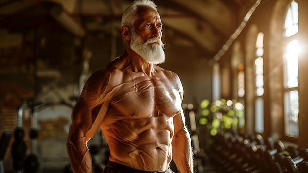 Un homme en forme montrant ses muscles au gymnase. Un culturiste senior.