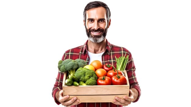 Photo un homme fort avec une boîte de fruits et légumes sur un fond blanc