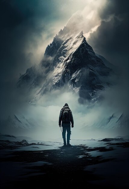Homme fort en randonnée jusqu'au sommet de la montagne enneigée en hiver froid Créé avec la technologie Generative AI