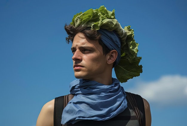 Photo un homme avec un foulard porte une laitue dans le style de la nature norvégienne