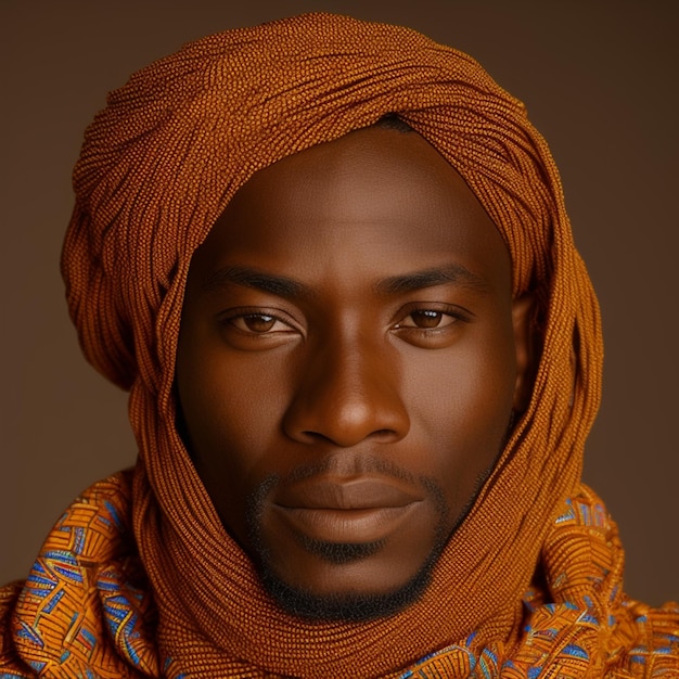 Un homme avec un foulard sur la tête et un fond marron.