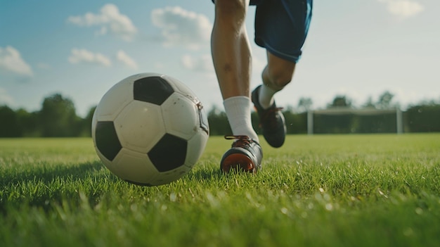 un homme frappe un ballon de football sur un terrain