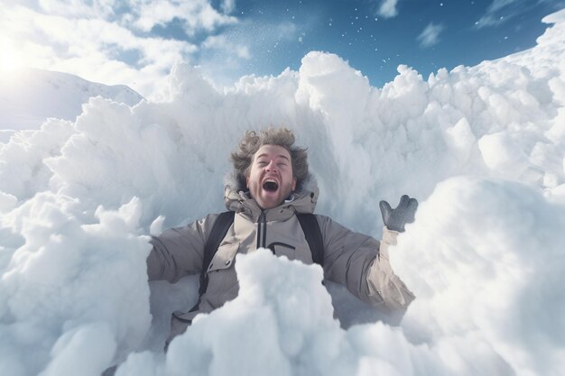 Un homme frappé par une avalanche de neige en selfie