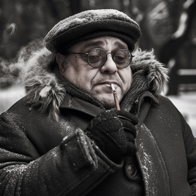 un homme fumant une cigarette dans la neige.