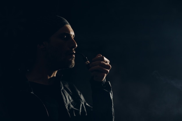 Homme fumant une pipe sur fond sombre. Portrait de profil rétro-éclairé.