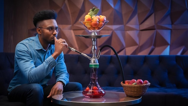 Photo un homme fume un narguilé de fruits à partir d'une pipe au salon de shisha