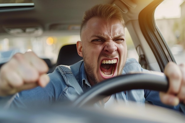 Un homme furieux se sent extrêmement furieux en conduisant près d'un conducteur fou et dangereux.