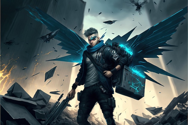 Homme futuriste avec des armes de haute technologie debout sur les décombres illustration de style d'art numérique peinture illustration fantastique d'un homme futuriste avec une arme dans les mains