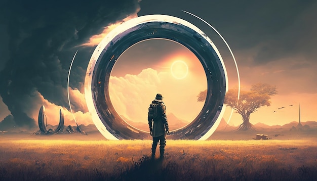 Homme futuriste debout dans un champ regardant un portail vers une autre dimension Illustration numérique