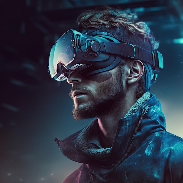 Un homme futuriste portant des lunettes de casque VR 3d recherche une illustration 3d