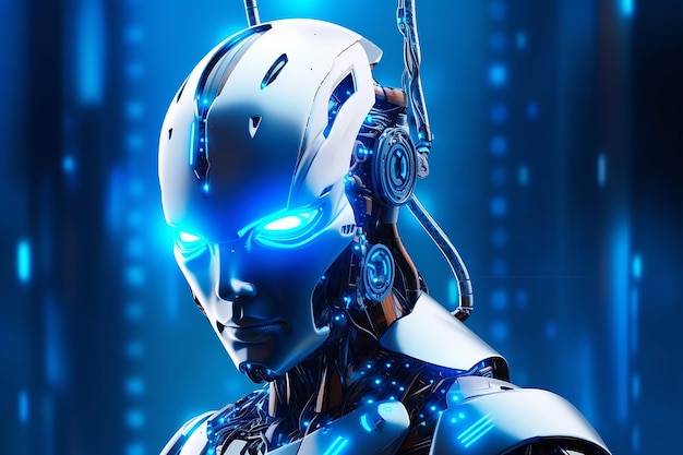 Un homme futuriste, un robot d'intelligence artificielle avec une technologie de pointe axé sur la réalisation du potentiel futuriste
