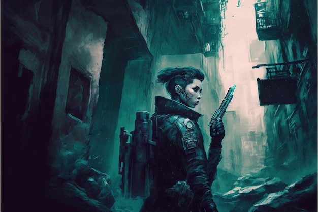 Un homme futuriste tenant une arme à feu dans la ville détruite style d'art numérique illustration peinture concept fantastique d'un homme avec une arme à feu