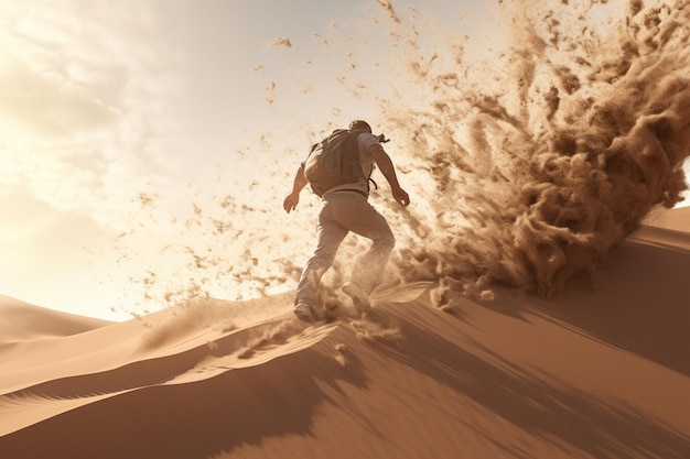 Photo un homme fuyant une avalanche de sable dans un désert