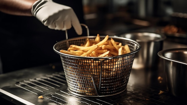 Photo un homme en gant blanc sert des frites dans un panier.