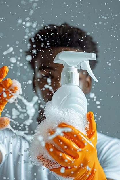 Homme en gant tenant une bouteille de spray avec de la mousse volante sur un fond gris