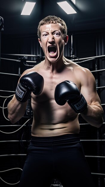un homme avec des gants de boxe devant un mur avec un homme dans un ring de boxe