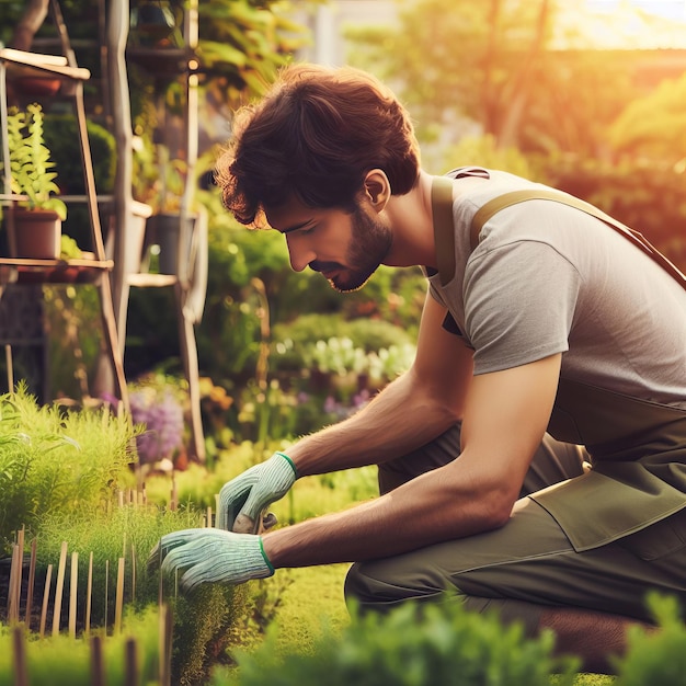 Un homme en gants de jardinage et en combinaison à genoux dans un jardin qui s'occupe des plantes