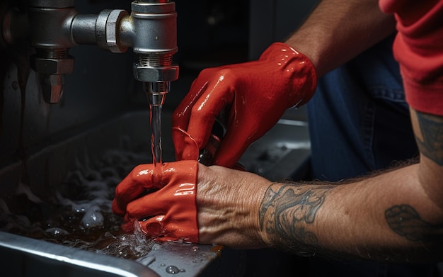 Homme en gants rouges nettoyant un évier en acier inoxydable avec de l'eau courante