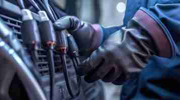 Photo un homme avec des gants tenant des cellules pour une voiture électrique generative ai