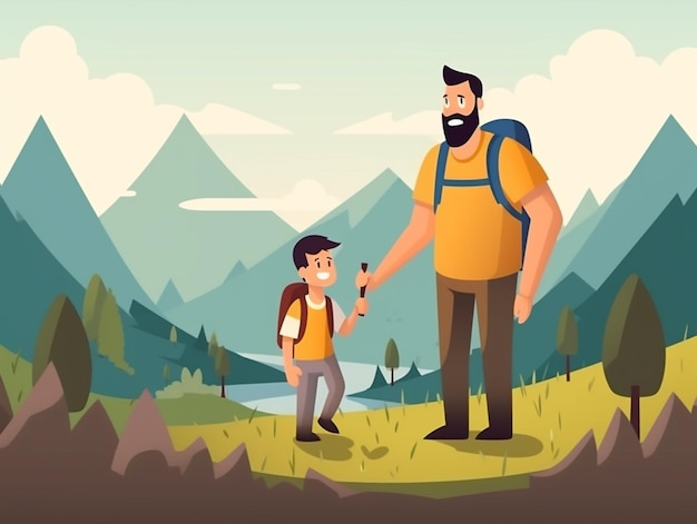 Un homme et un garçon font de la randonnée dans un paysage de montagne.
