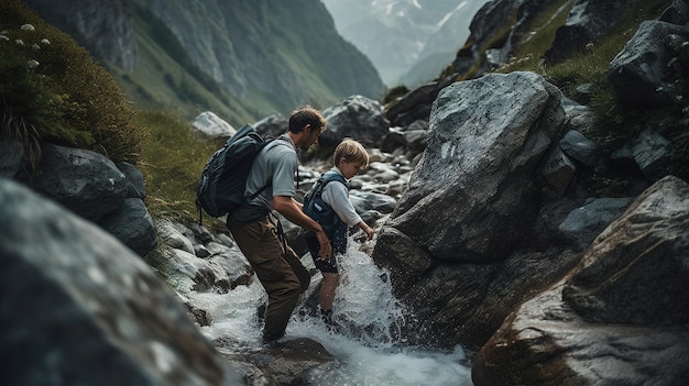 Un homme et un garçon font de la randonnée dans un ruisseau de montagne.