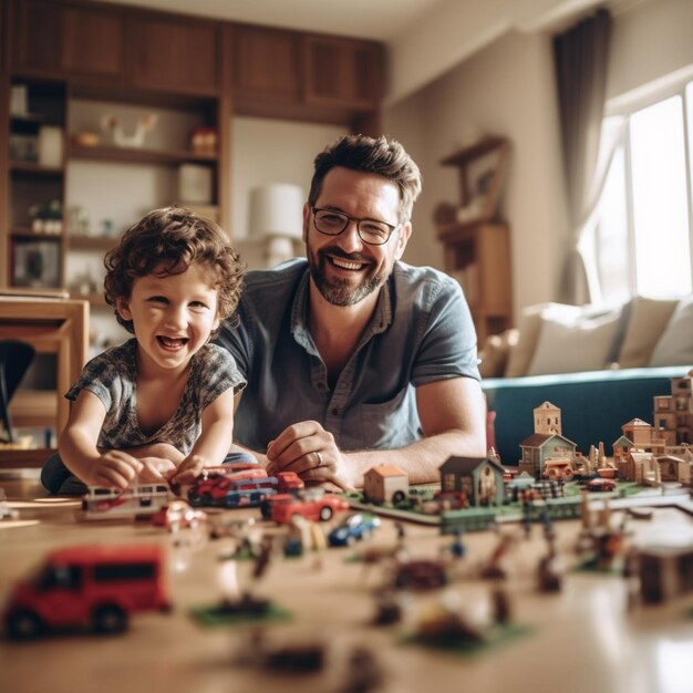 un homme et un garçon jouant avec une maison lego