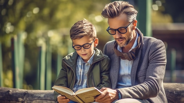 Un homme et un garçon lisant un livre