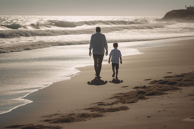 Un homme et un garçon marchent sur la plage, l'océan se brise en arrière-plan.