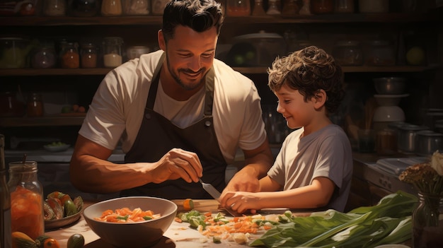 Un homme et un garçon préparent joyeusement de la nourriture ensemble en partageant des ingrédients et des ustensiles de cuisine dans un modéré