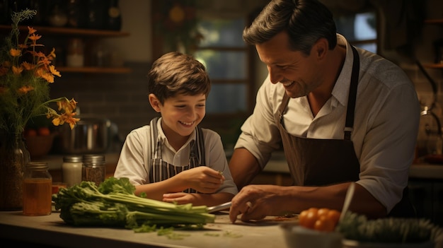 Un homme et un garçon préparent la nourriture ensemble dans un environnement de cuisine chaud