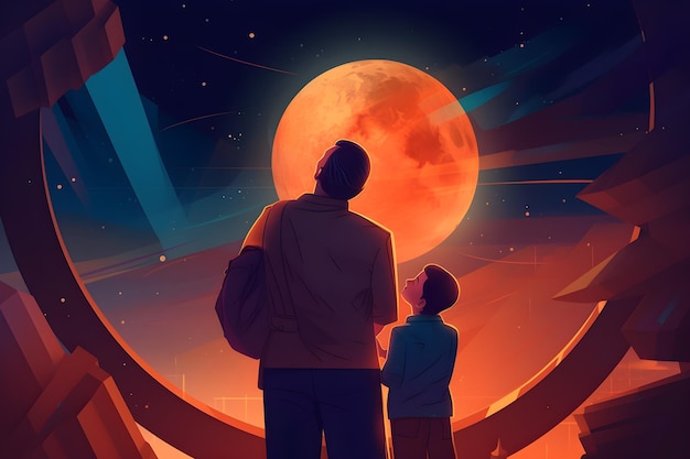 Un homme et un garçon regardant la lune et le ciel étoilé de la nuit