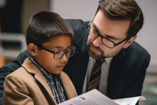 Un homme et un garçon regardent un papier